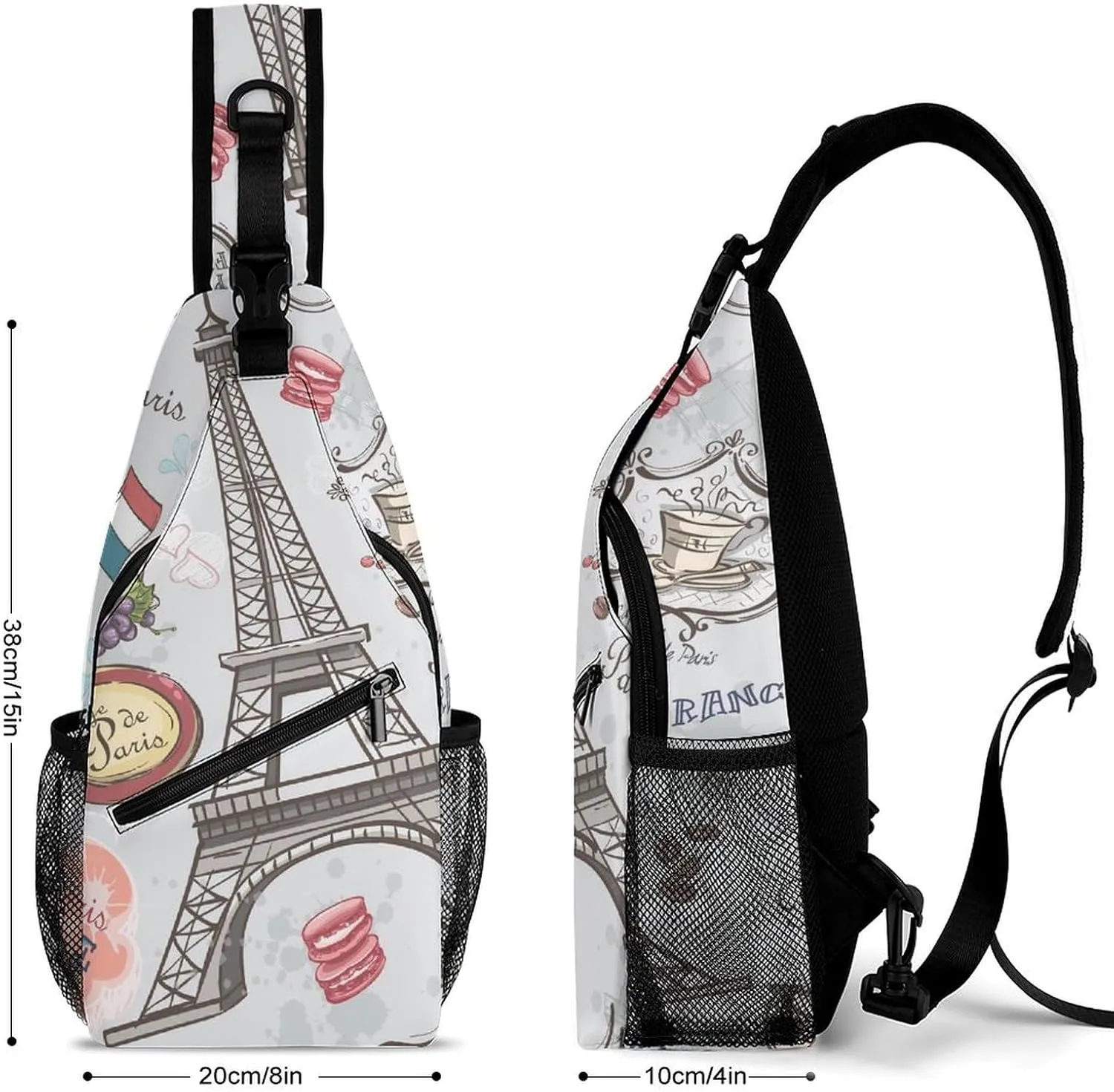 Sights of Paris Sling Backpack, Crossbody Shoulder Bag, Chest Bags for Outdoor Travel Fitness, 38x20cm, Style-1