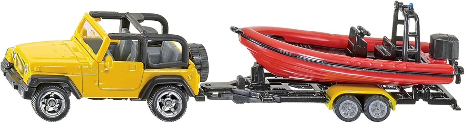 Siku 1658, Jeep with Boat, Metal/Plastic, Yellow/Red, Removable Trailer, Floatable Boat