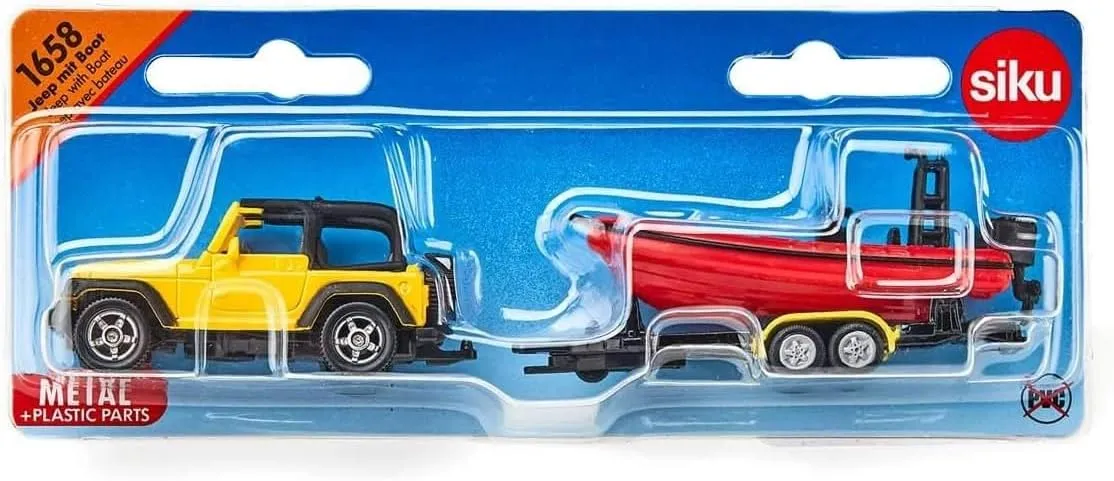 Siku 1658, Jeep with Boat, Metal/Plastic, Yellow/Red, Removable Trailer, Floatable Boat