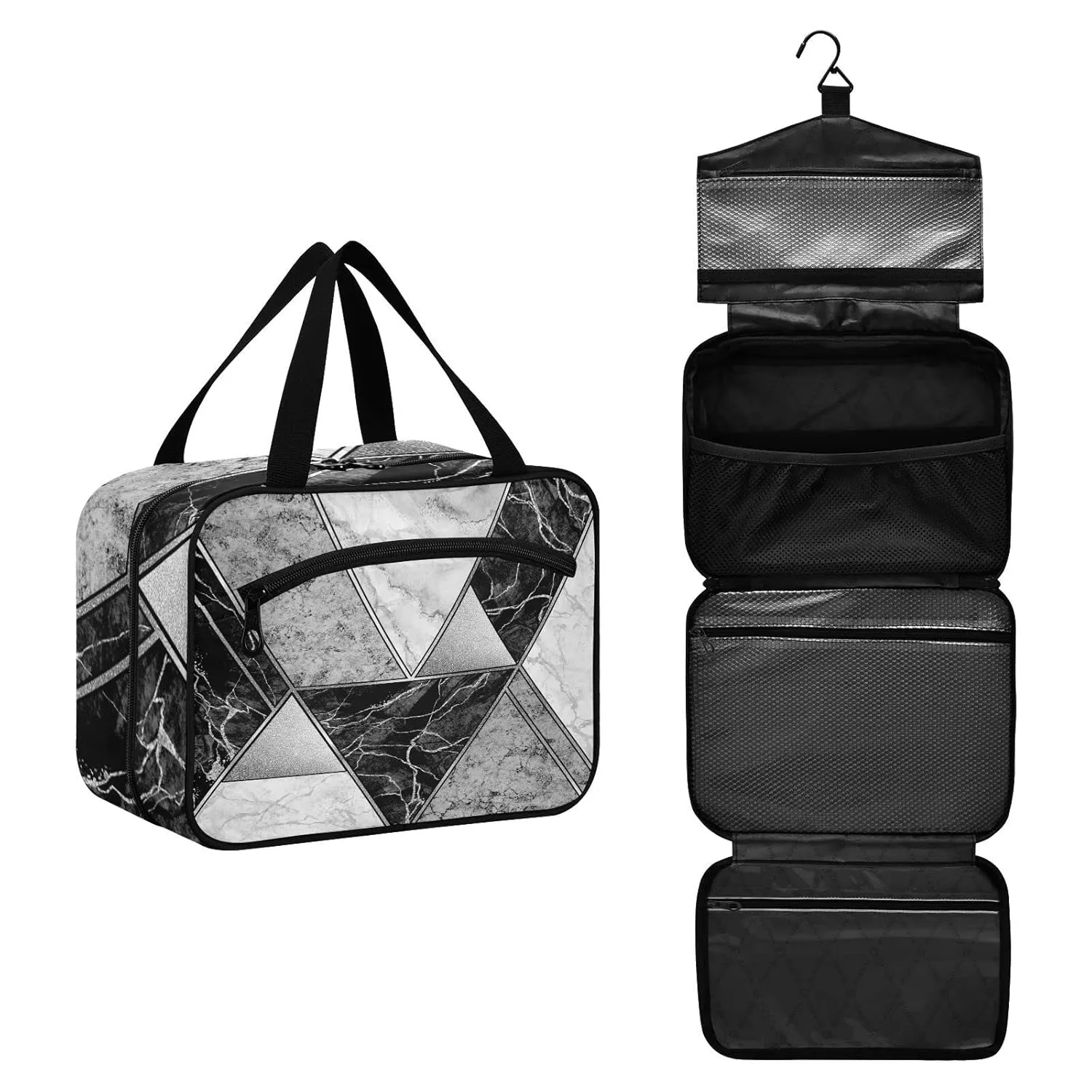 Silver Lines Marble Granite Agate Black Grey Paint Triangle Tile 1 PC Hanging Travel Wash bag with Handles, Portable Makeup Organizer Brush Storage Case Portable Travel Cosmetic with Hook M