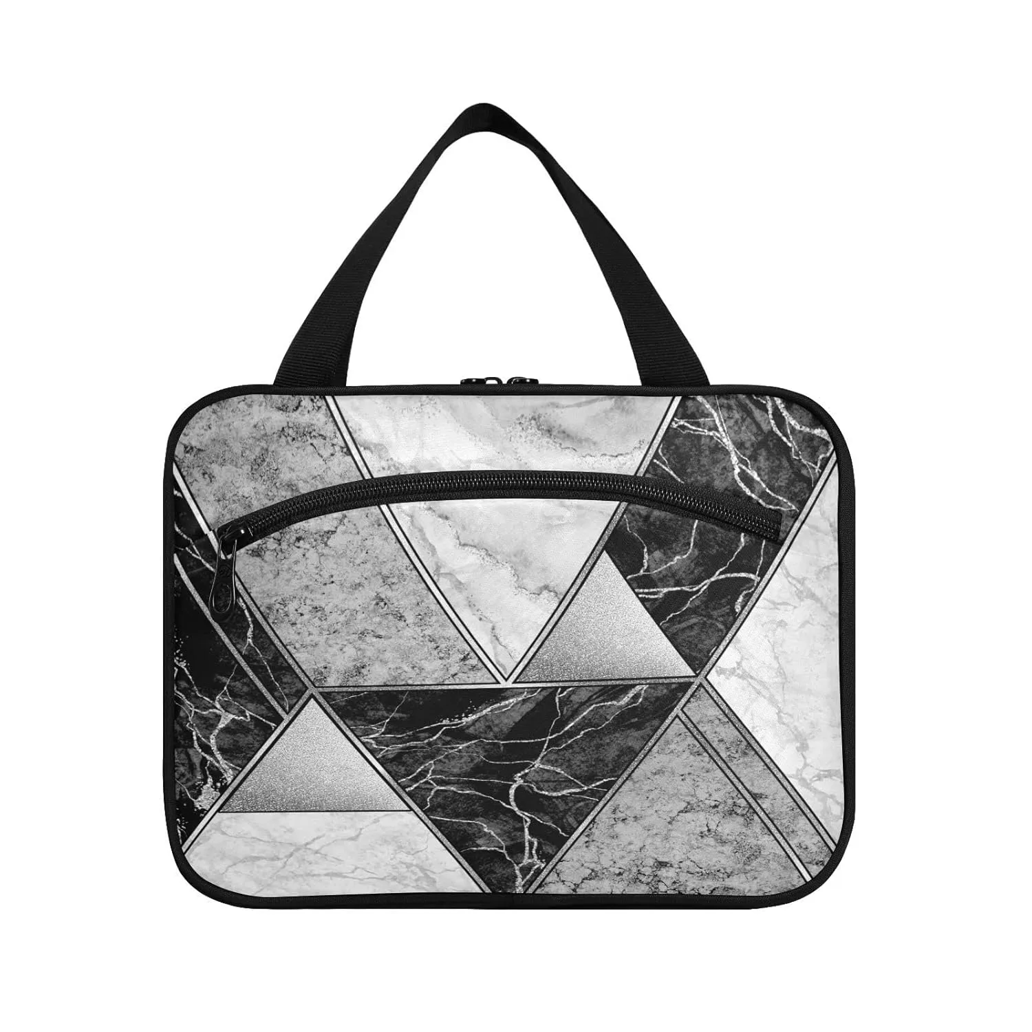 Silver Lines Marble Granite Agate Black Grey Paint Triangle Tile 1 PC Hanging Travel Wash bag with Handles, Portable Makeup Organizer Brush Storage Case Portable Travel Cosmetic with Hook M