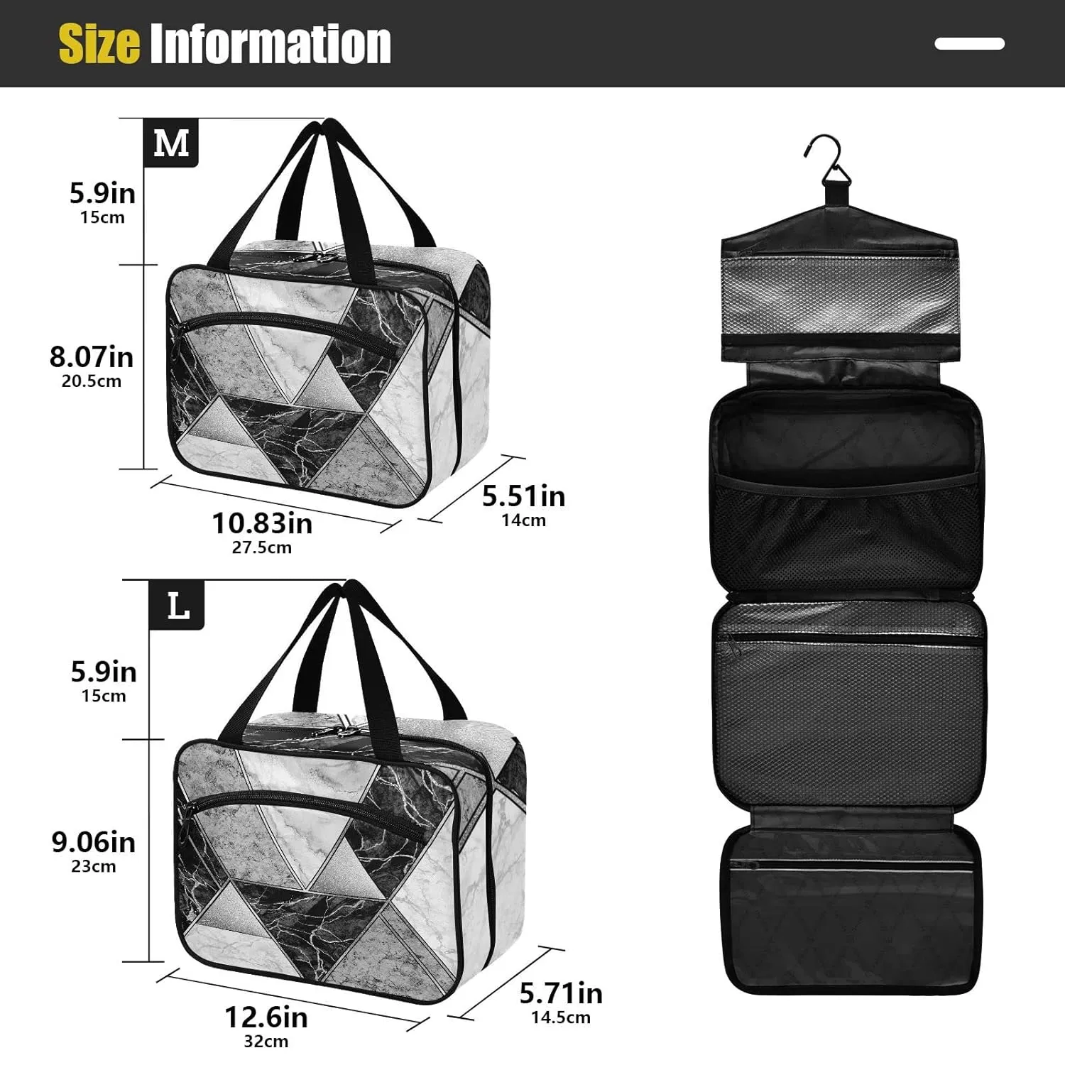 Silver Lines Marble Granite Agate Black Grey Paint Triangle Tile 1 PC Hanging Travel Wash bag with Handles, Portable Makeup Organizer Brush Storage Case Portable Travel Cosmetic with Hook M