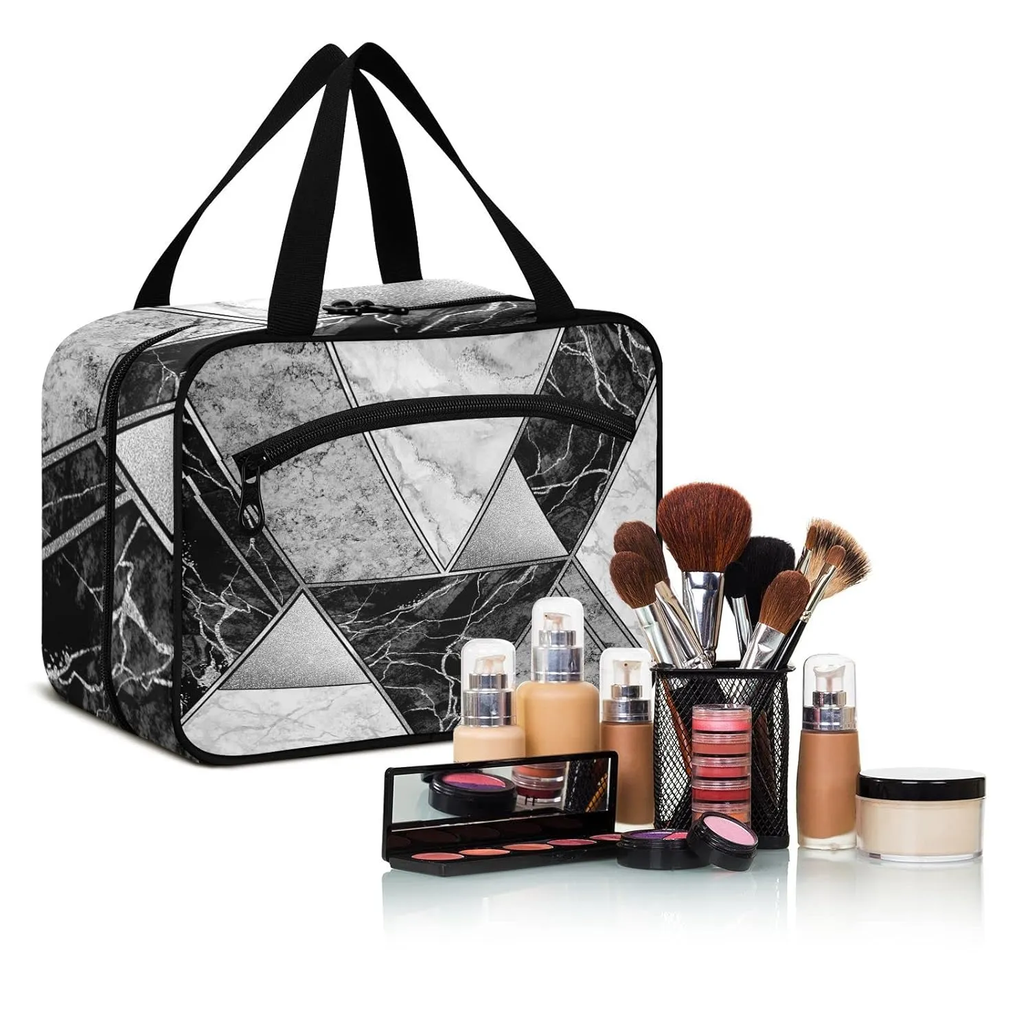 Silver Lines Marble Granite Agate Black Grey Paint Triangle Tile 1 PC Hanging Travel Wash bag with Handles, Portable Makeup Organizer Brush Storage Case Portable Travel Cosmetic with Hook M