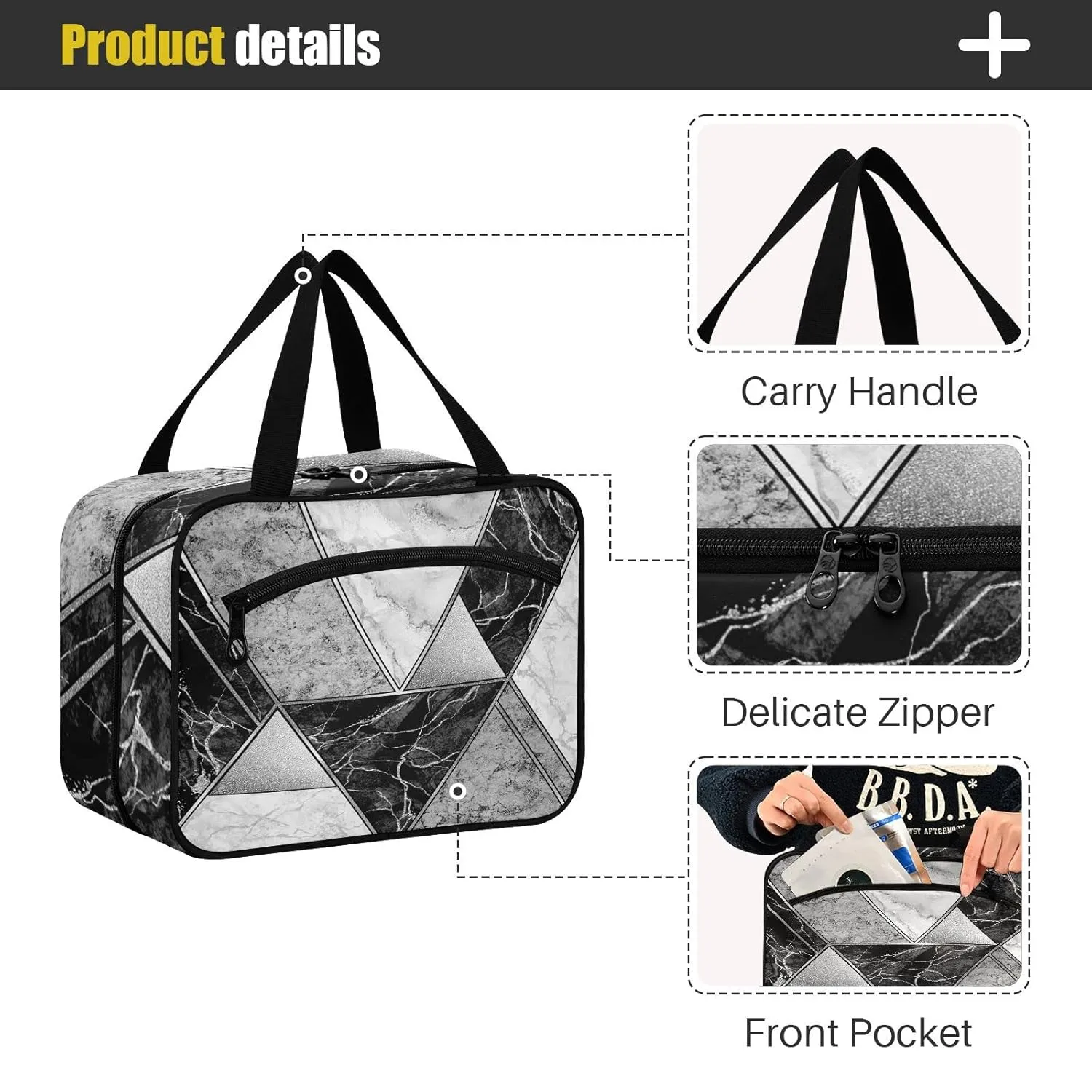 Silver Lines Marble Granite Agate Black Grey Paint Triangle Tile 1 PC Hanging Travel Wash bag with Handles, Portable Makeup Organizer Brush Storage Case Portable Travel Cosmetic with Hook M