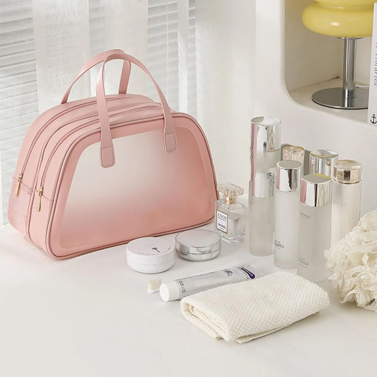 Simple and Large Capacity Dry Wet Separation Waterproof Cosmetic Bag Portable Leather Transparent Makeup Bag (Blue Water)