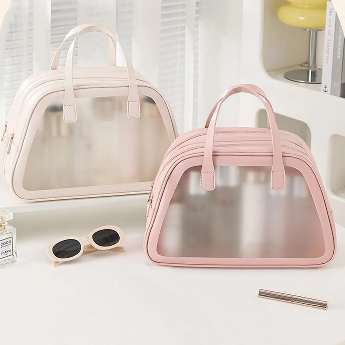 Simple and Large Capacity Dry Wet Separation Waterproof Cosmetic Bag Portable Leather Transparent Makeup Bag (Milk Apricot White)
