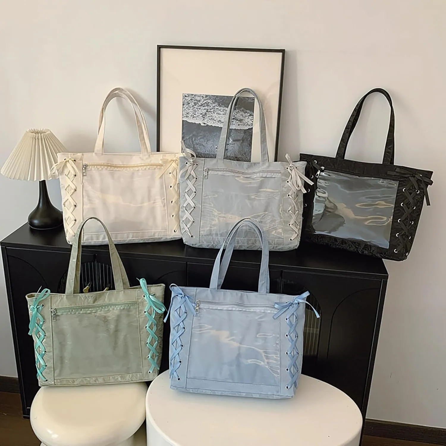 Simple Sweet Bow Ribbon Tether Transparent Shoulder Bag Large Capacity Handheld Tote Bags Solid Color Commuter Underarm Bag Gifts