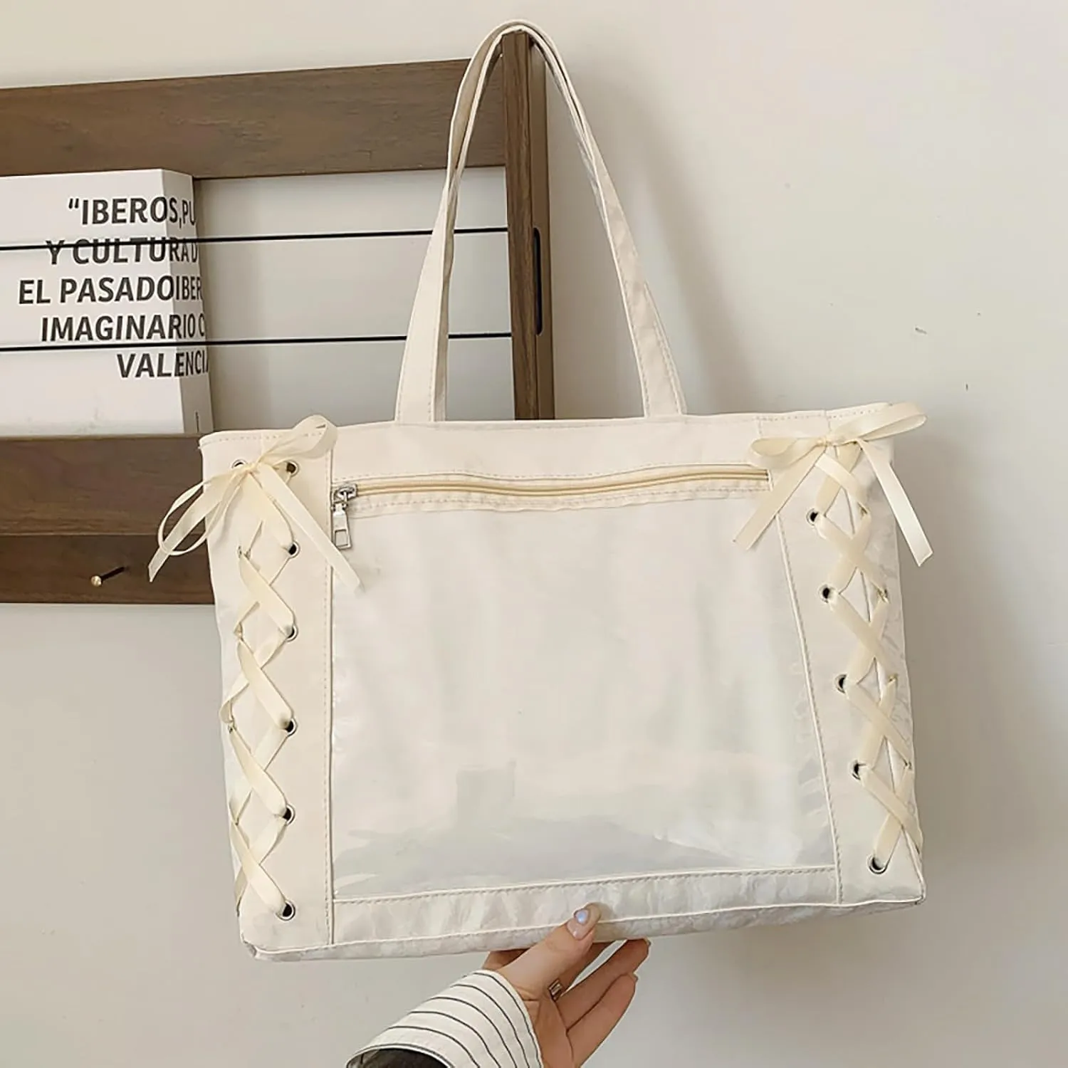 Simple Sweet Bow Ribbon Tether Transparent Shoulder Bag Large Capacity Handheld Tote Bags Solid Color Commuter Underarm Bag Gifts