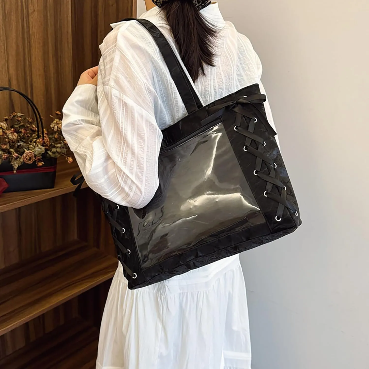 Simple Sweet Bow Ribbon Tether Transparent Shoulder Bag Large Capacity Handheld Tote Bags Solid Color Commuter Underarm Bag Gifts