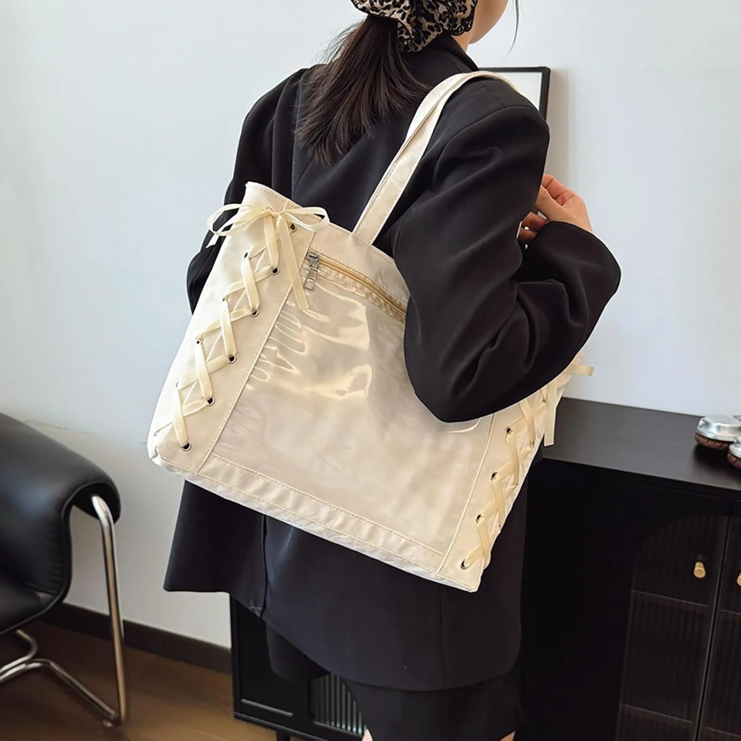 Simple Sweet Bow Ribbon Tether Transparent Shoulder Bag Large Capacity Handheld Tote Bags Solid Color Commuter Underarm Bag Gifts