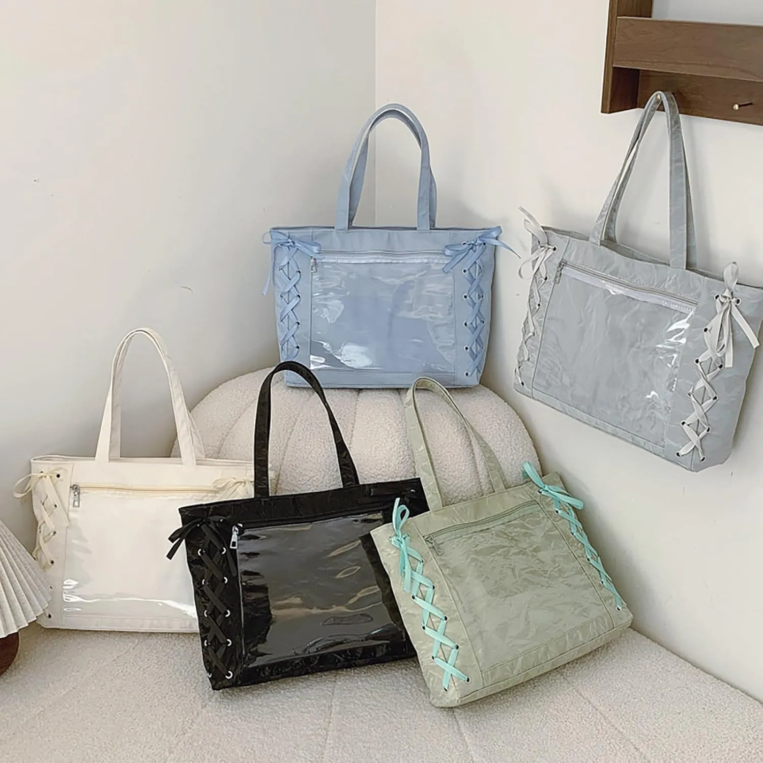 Simple Sweet Bow Ribbon Tether Transparent Shoulder Bag Large Capacity Handheld Tote Bags Solid Color Commuter Underarm Bag Gifts