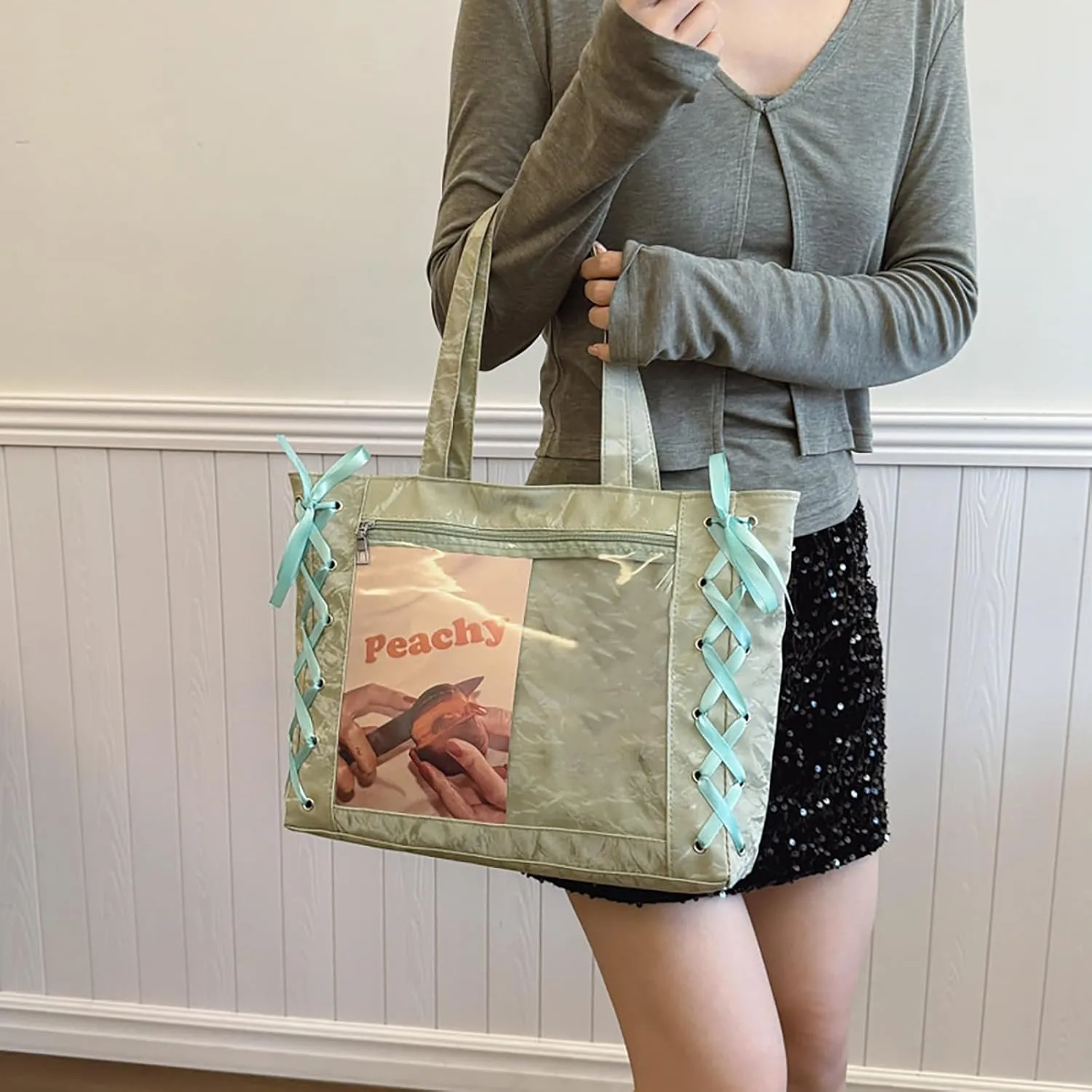 Simple Sweet Bow Ribbon Tether Transparent Shoulder Bag Large Capacity Handheld Tote Bags Solid Color Commuter Underarm Bag Gifts