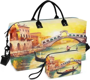 Sinestour Boat River Bridge Sunset Travel Duffel Bag for Men Women with Makeup Bag Weekend Overnight Carry On Bags for Workout Gym Traveling