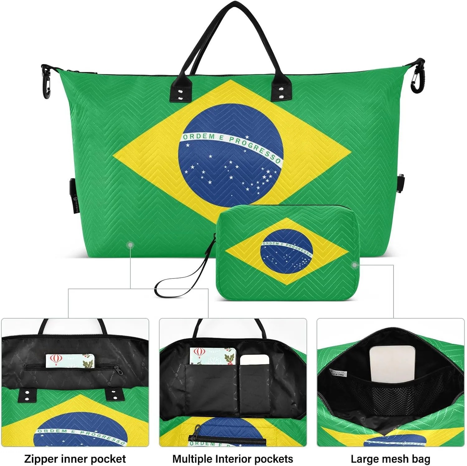 Sinestour Brazilan Flag Travel Duffel Bag for Men Women with Makeup Bag Weekend Overnight Carry On Bags for Hospital Travel Gym