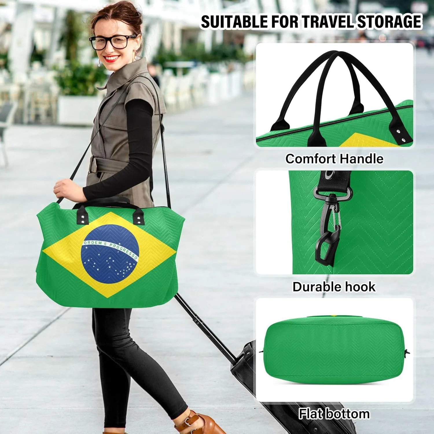 Sinestour Brazilan Flag Travel Duffel Bag for Men Women with Makeup Bag Weekend Overnight Carry On Bags for Hospital Travel Gym