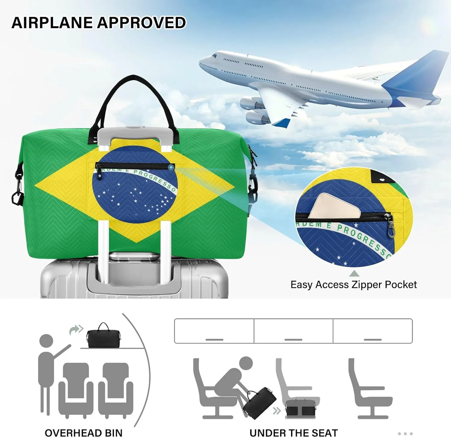 Sinestour Brazilan Flag Travel Duffel Bag for Men Women with Makeup Bag Weekend Overnight Carry On Bags for Hospital Travel Gym