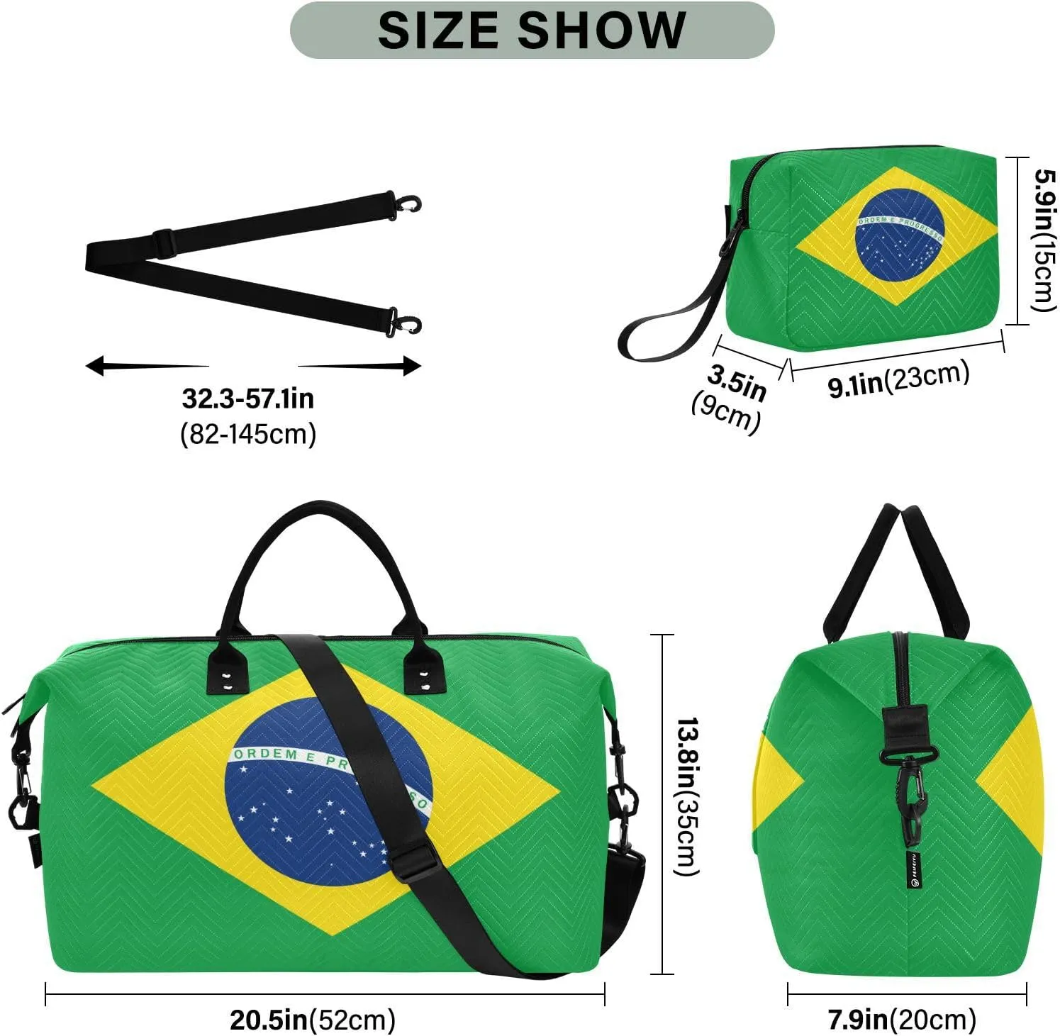 Sinestour Brazilan Flag Travel Duffel Bag for Men Women with Makeup Bag Weekend Overnight Carry On Bags for Hospital Travel Gym