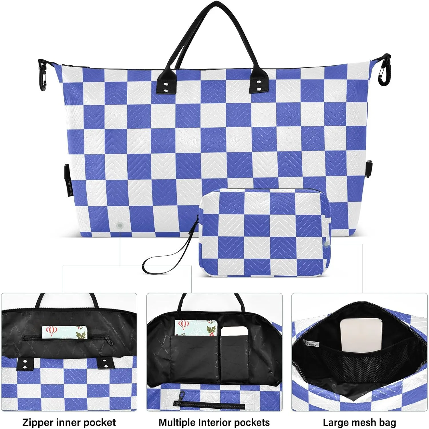 Sinestour Checkerboard Blue White Plaid Travel Duffel Bag for Men Women with Makeup Bag Weekend Overnight Carry On Bags for Traveling Gym Workout
