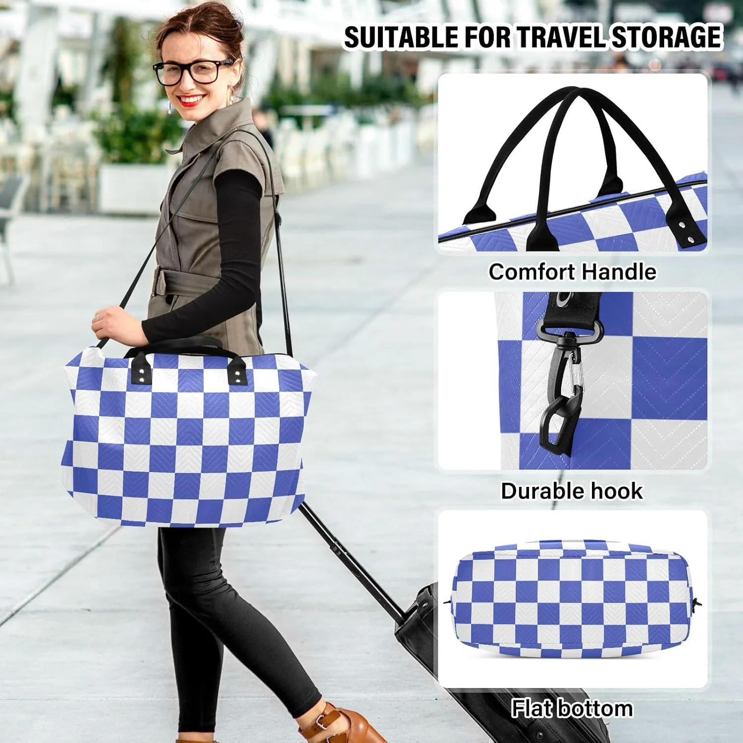Sinestour Checkerboard Blue White Plaid Travel Duffel Bag for Men Women with Makeup Bag Weekend Overnight Carry On Bags for Traveling Gym Workout