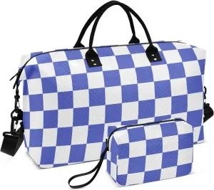 Sinestour Checkerboard Blue White Plaid Travel Duffel Bag for Men Women with Makeup Bag Weekend Overnight Carry On Bags for Traveling Gym Workout