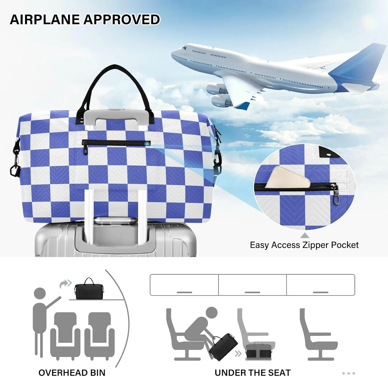 Sinestour Checkerboard Blue White Plaid Travel Duffel Bag for Men Women with Makeup Bag Weekend Overnight Carry On Bags for Traveling Gym Workout