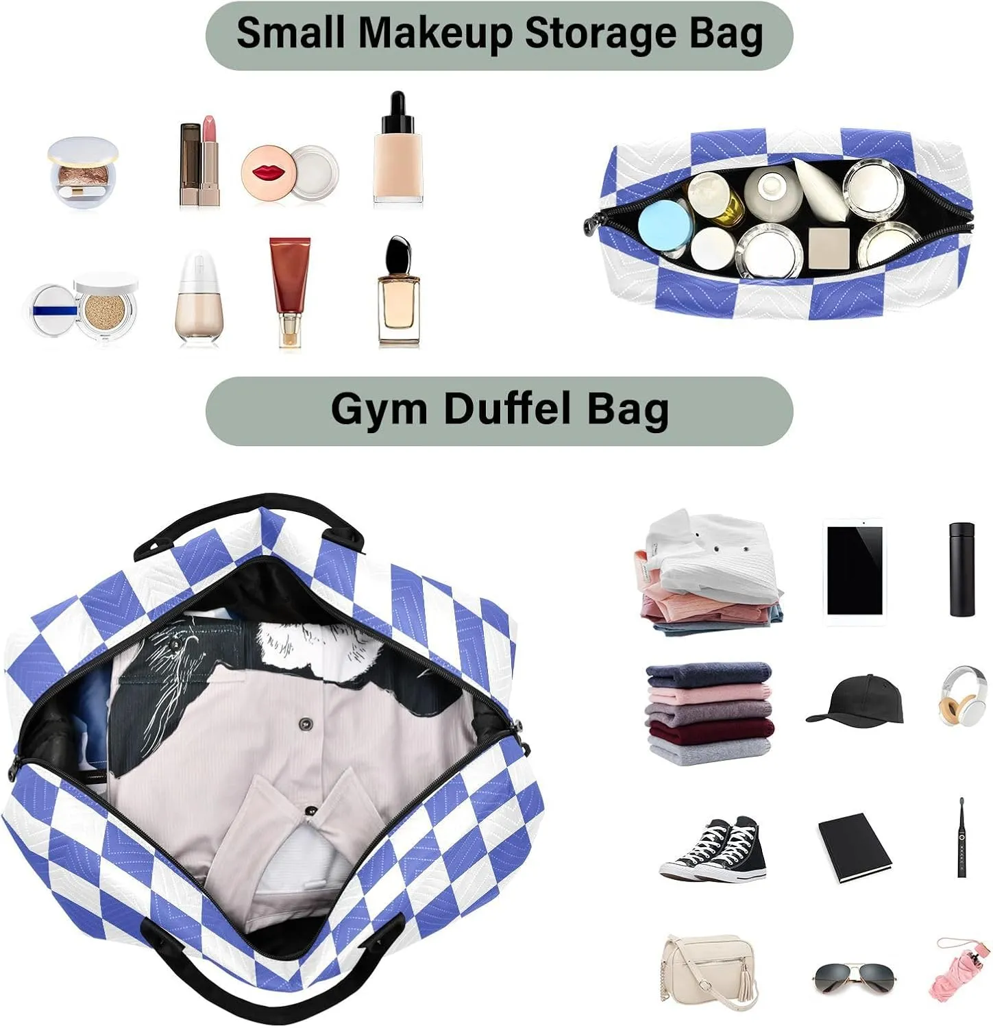 Sinestour Checkerboard Blue White Plaid Travel Duffel Bag for Men Women with Makeup Bag Weekend Overnight Carry On Bags for Traveling Gym Workout
