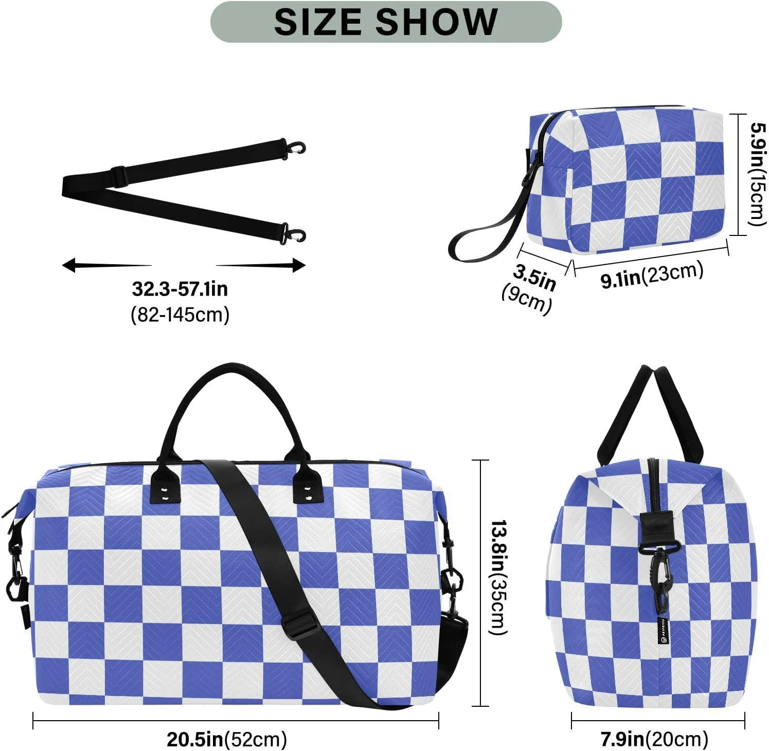 Sinestour Checkerboard Blue White Plaid Travel Duffel Bag for Men Women with Makeup Bag Weekend Overnight Carry On Bags for Traveling Gym Workout