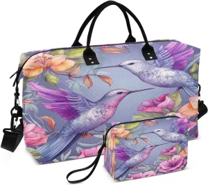 Sinestour Hummingbirds Purple Florals Travel Duffel Bag for Men Women with Makeup Bag Weekend Overnight Carry On Bags for Travel Gym Yoga