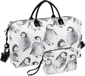 Sinestour Watercolor Penguin Travel Duffel Bag for Men Women with Makeup Bag Weekend Overnight Carry On Bags for Travel Getaway Weekend