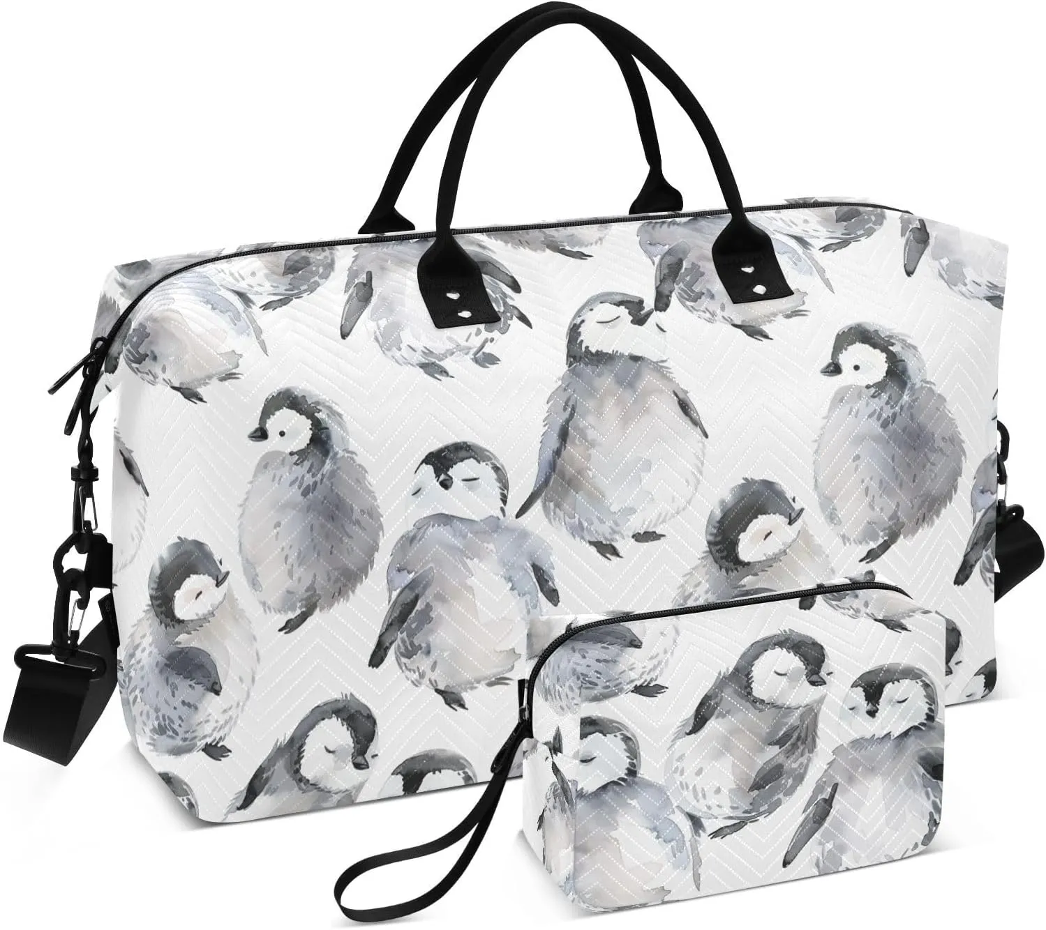 Sinestour Watercolor Penguin Travel Duffel Bag for Men Women with Makeup Bag Weekend Overnight Carry On Bags for Travel Getaway Weekend