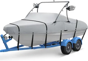 Ski & Wakeboard Tower Boat Cover, Full Metal Buckles Boat Cover, 100% Solution-Dyed Polyester Waterproof Tear and Fade Resistant, Fits 22-24ft V-Hull Runabout Tournament Boat with Ski/Wakeboard Tower