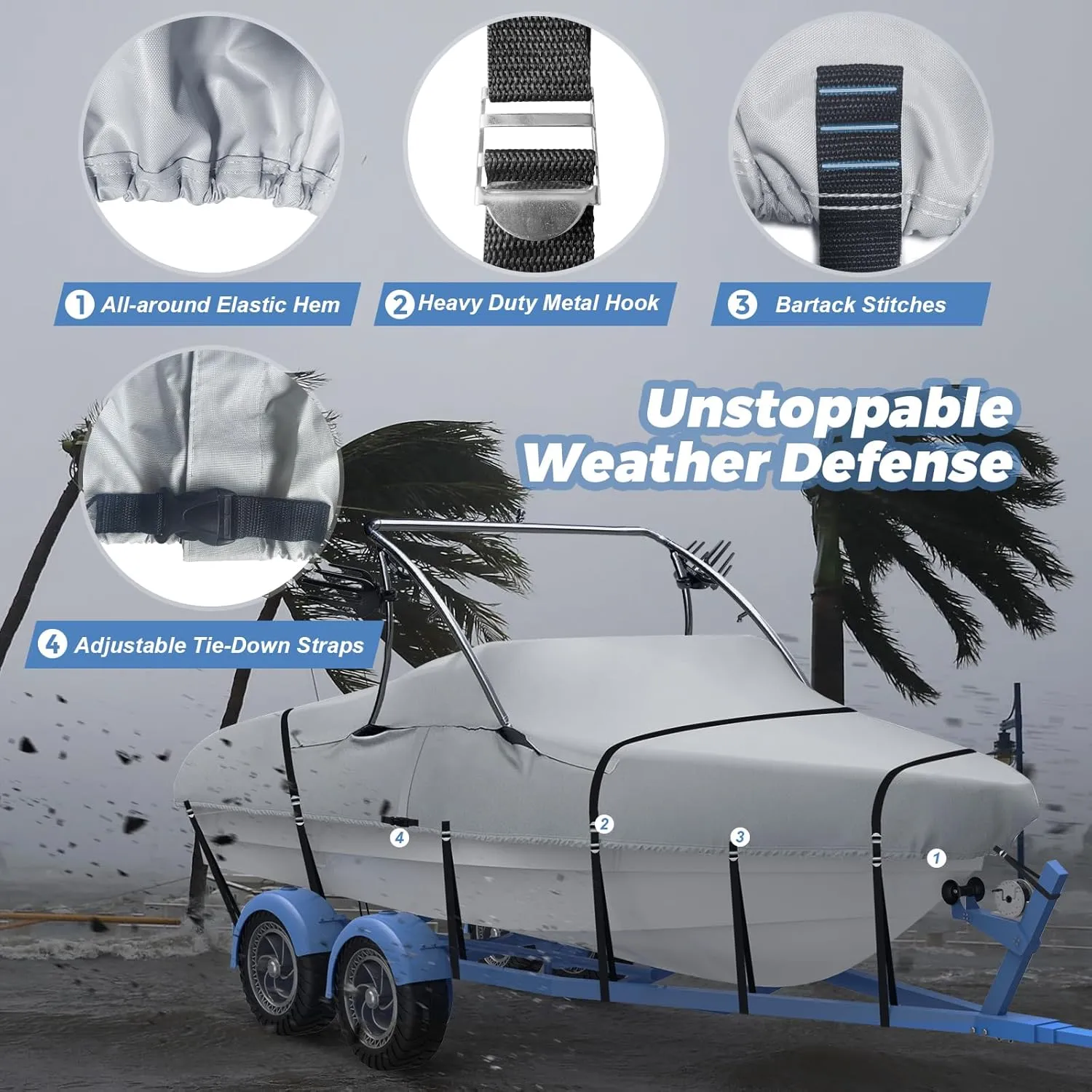 Ski & Wakeboard Tower Boat Cover, Full Metal Buckles Boat Cover, 100% Solution-Dyed Polyester Waterproof Tear and Fade Resistant, Fits 22-24ft V-Hull Runabout Tournament Boat with Ski/Wakeboard Tower