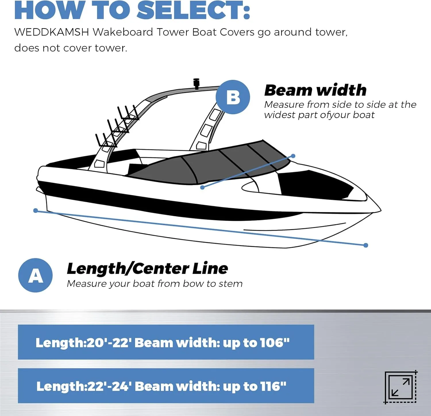 Ski & Wakeboard Tower Boat Cover, Full Metal Buckles Boat Cover, 100% Solution-Dyed Polyester Waterproof Tear and Fade Resistant, Fits 22-24ft V-Hull Runabout Tournament Boat with Ski/Wakeboard Tower