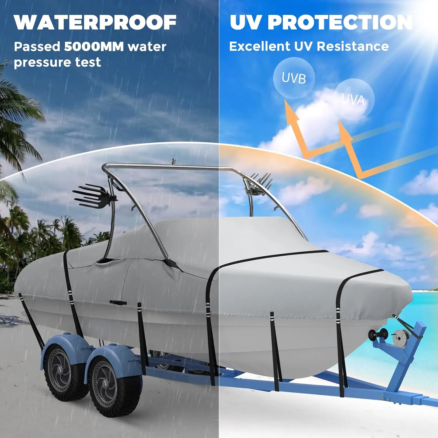 Ski & Wakeboard Tower Boat Cover, Full Metal Buckles Boat Cover, 100% Solution-Dyed Polyester Waterproof Tear and Fade Resistant, Fits 22-24ft V-Hull Runabout Tournament Boat with Ski/Wakeboard Tower