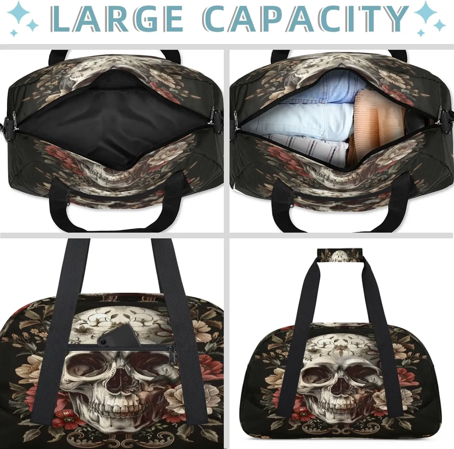 Skull Small Gym Bag 18 inch Carry On Duffel Bag for Weekender Travel Sports Workout Yoga Gymnastics Dance Ballet