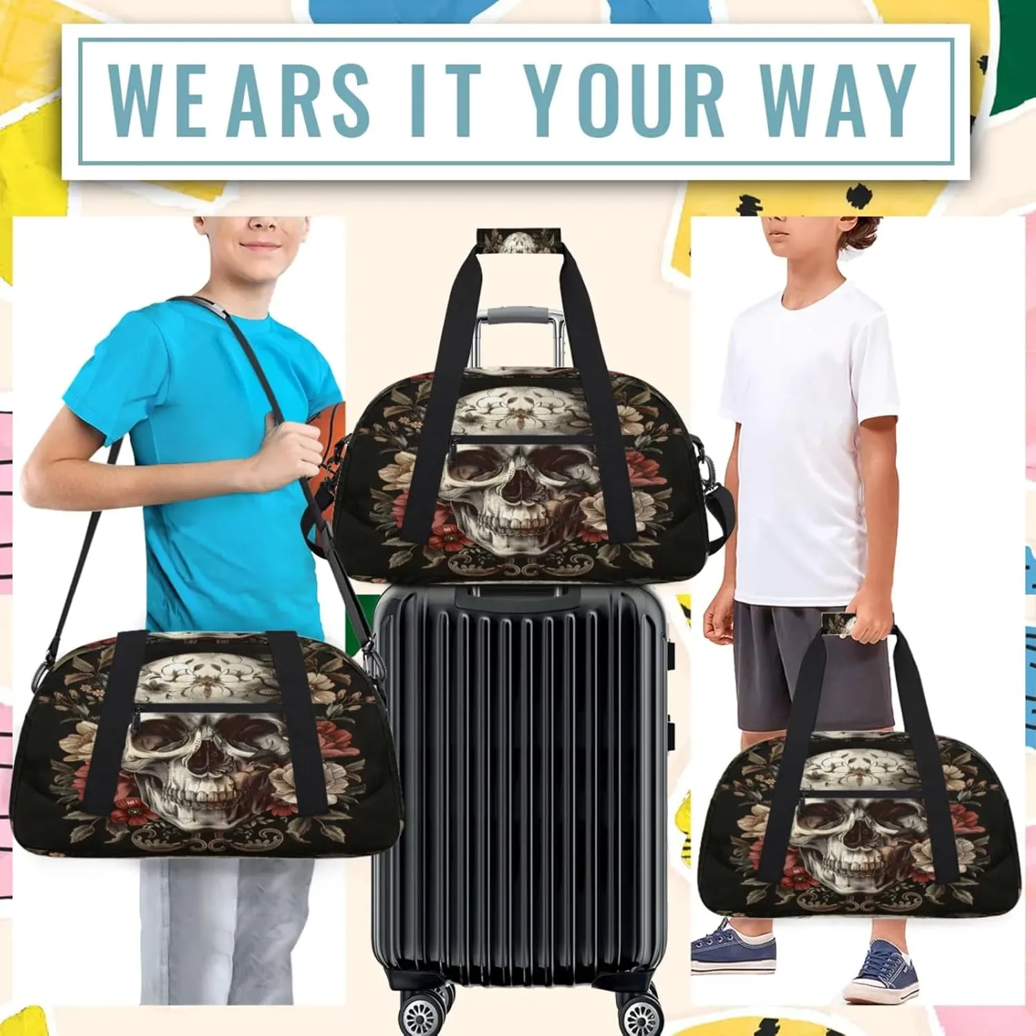 Skull Small Gym Bag 18 inch Carry On Duffel Bag for Weekender Travel Sports Workout Yoga Gymnastics Dance Ballet