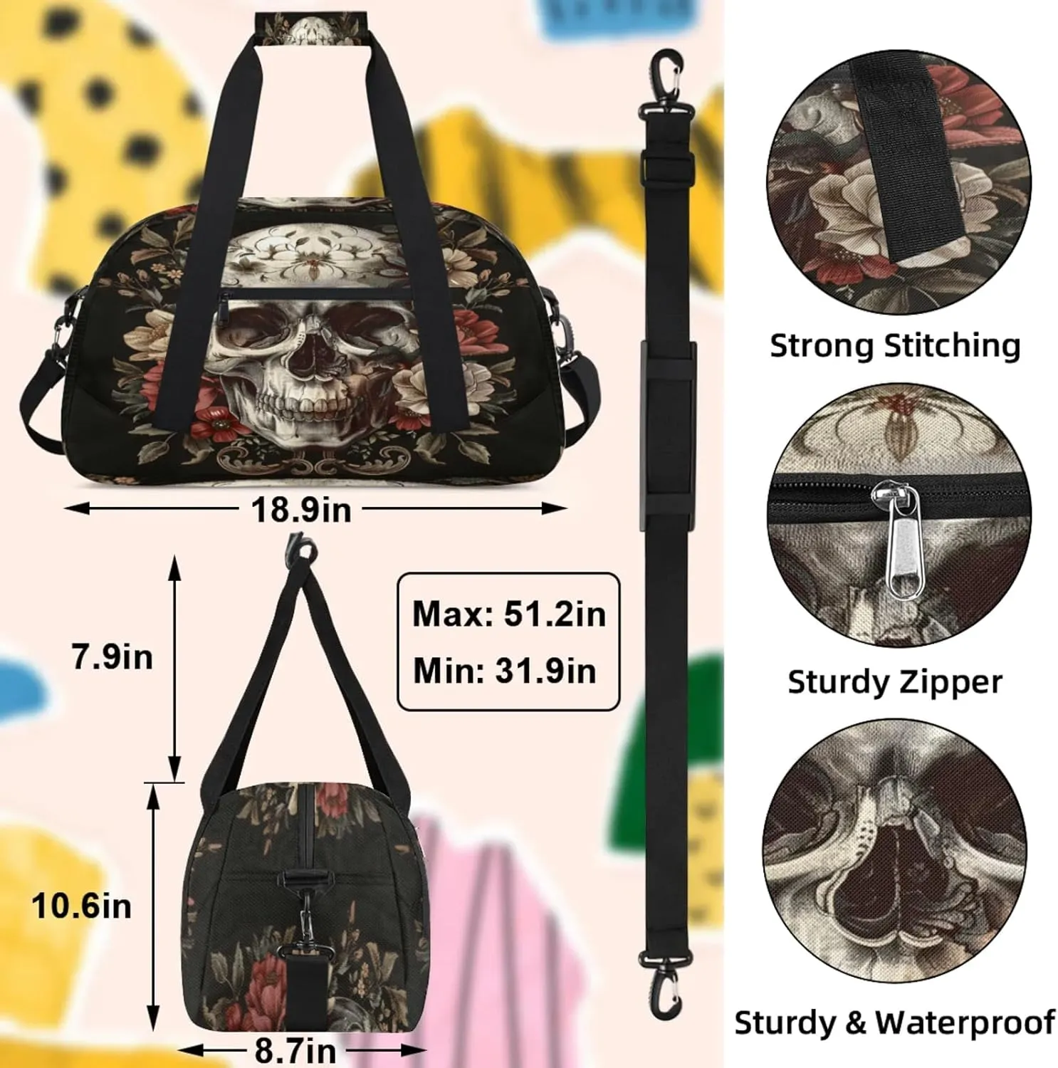 Skull Small Gym Bag 18 inch Carry On Duffel Bag for Weekender Travel Sports Workout Yoga Gymnastics Dance Ballet