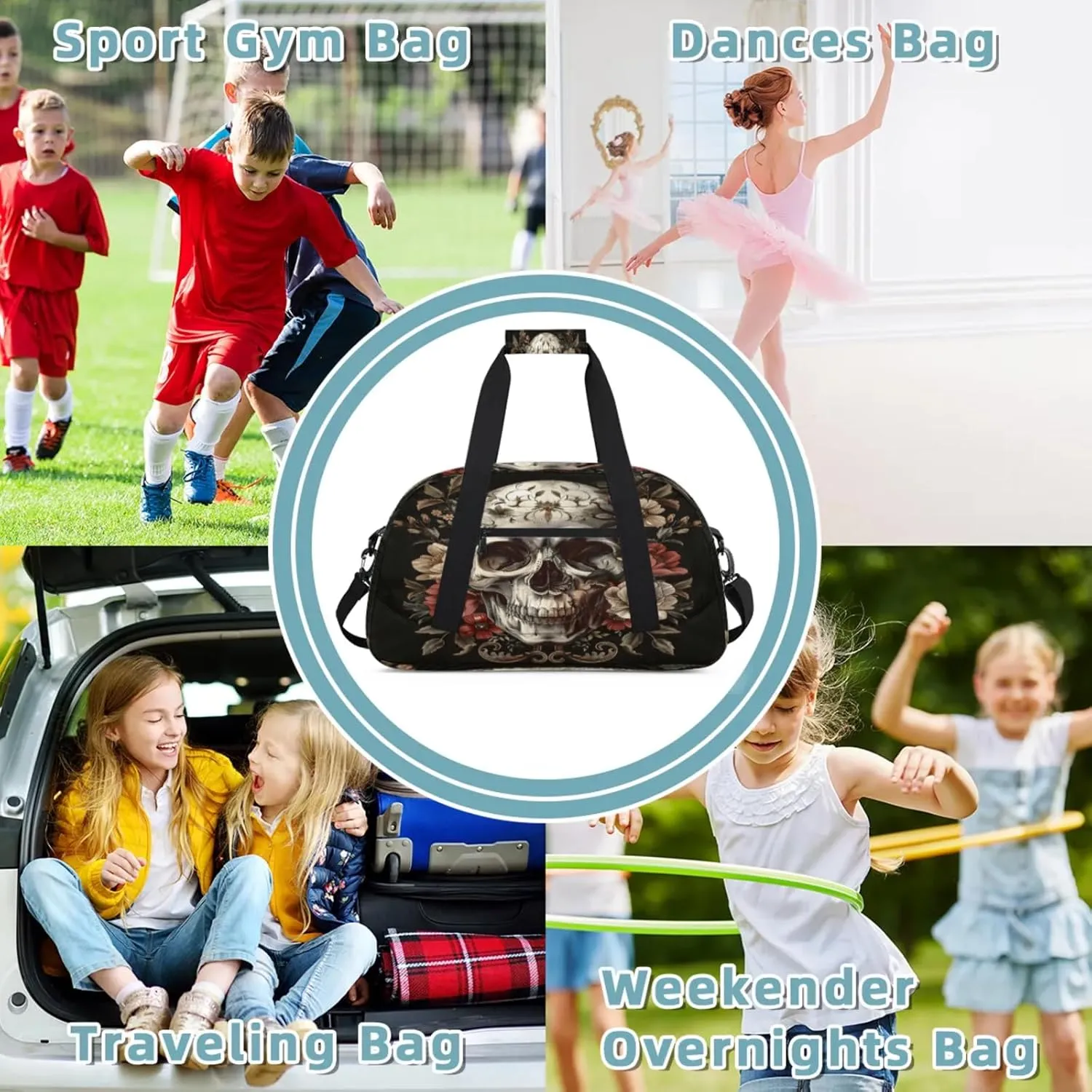 Skull Small Gym Bag 18 inch Carry On Duffel Bag for Weekender Travel Sports Workout Yoga Gymnastics Dance Ballet