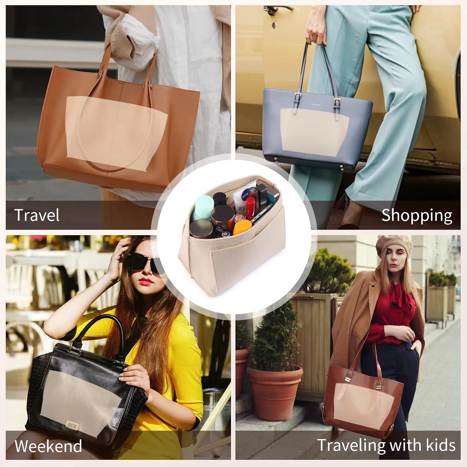 SKY-TOUCH Tote Bag Organizer Insert, large Handbags Base Shaper, Multi-Pocket Felt Bag Organizer with Zipper (beige,size S)
