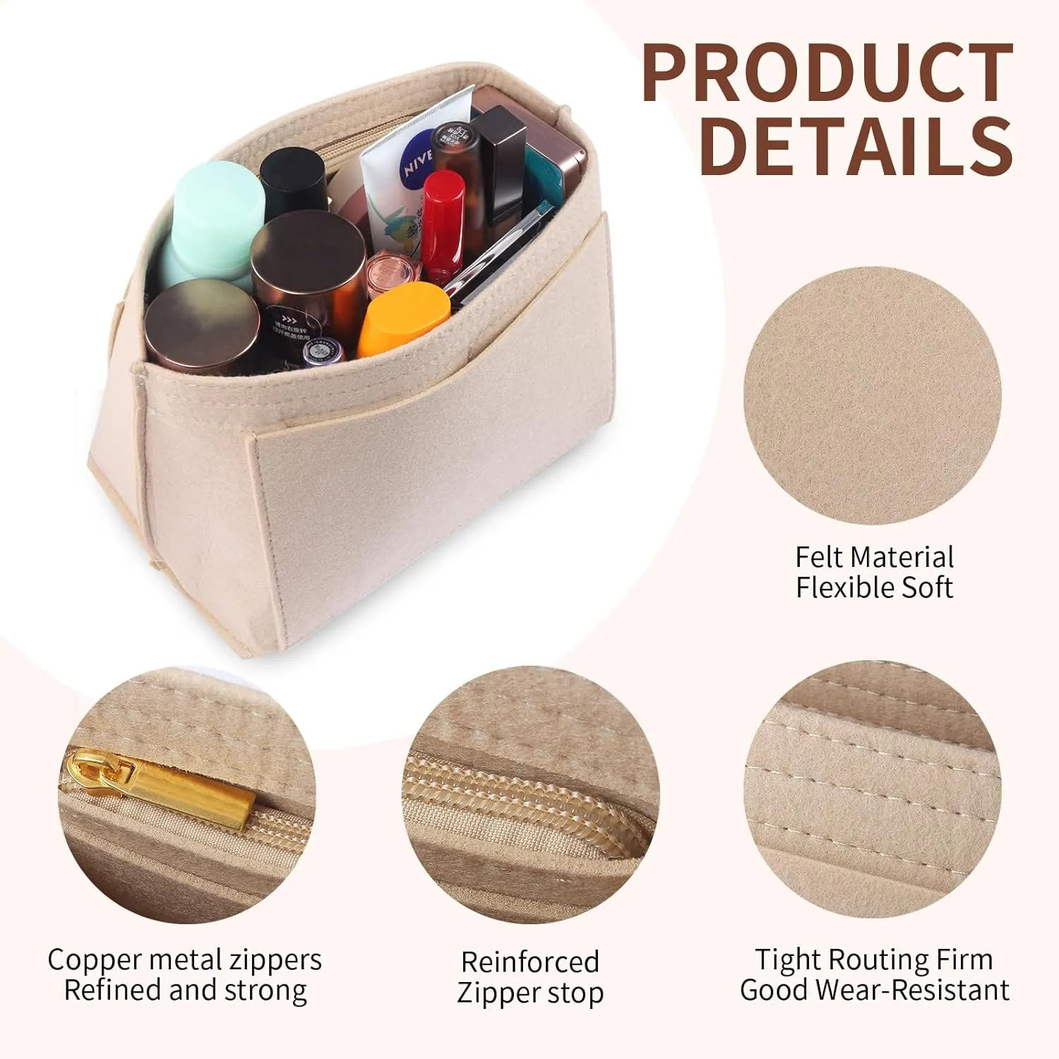 SKY-TOUCH Tote Bag Organizer Insert, large Handbags Base Shaper, Multi-Pocket Felt Bag Organizer with Zipper (beige,size S)