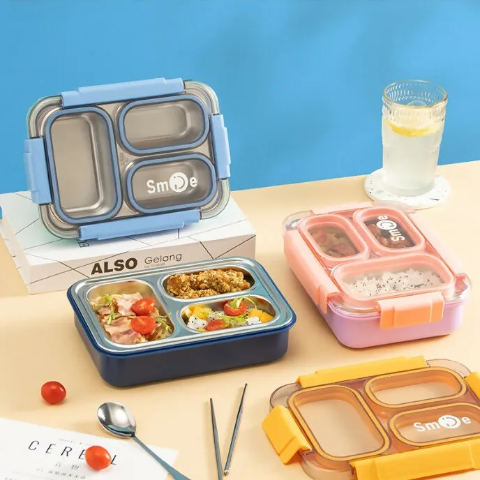 SLATOINDIA 3 Compartment Stainless Steel Lunch Box (Random Colors)