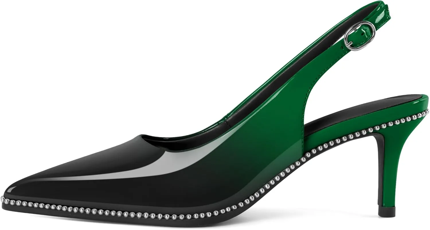 Sling Back Heels Women Sliver Beaded Kitten Pumps Closed Pointy Toe Mid Stiletto Heels Wedding Party Casual Dress Shoes Elegant 2.5 Inch Sandals