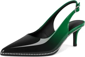 Sling Back Heels Women Sliver Beaded Kitten Pumps Closed Pointy Toe Mid Stiletto Heels Wedding Party Casual Dress Shoes Elegant 2.5 Inch Sandals