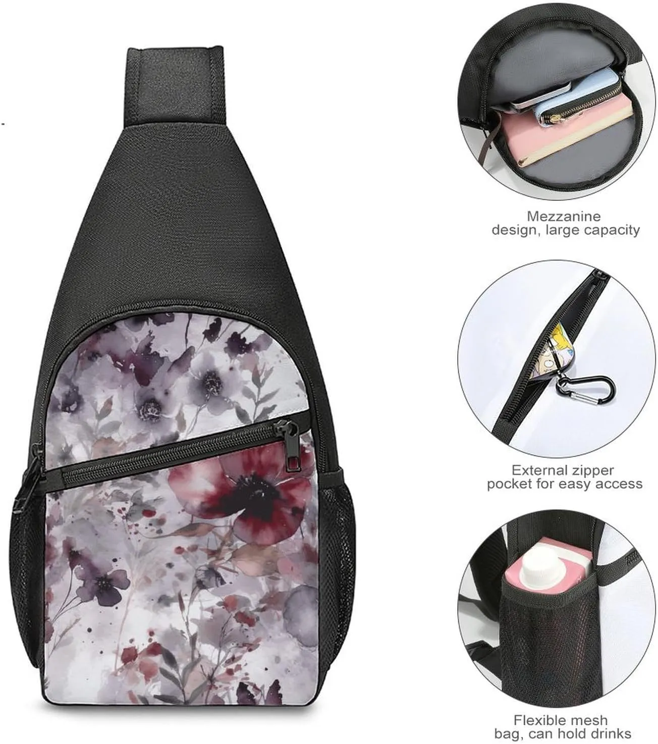 Sling Backpack for Women Men Crossbody Chest Bag Travel Fantasy Floral Style Daypack Shoulder Bag for Hiking