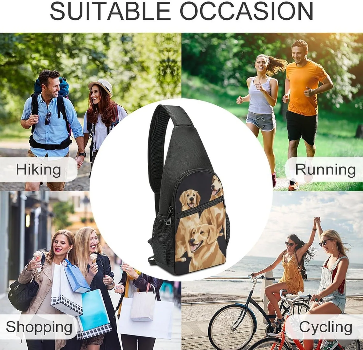 Sling Backpack for Women Men Crossbody Chest Bag Travel Golden Retrievers Daypack Shoulder Bag for Hiking