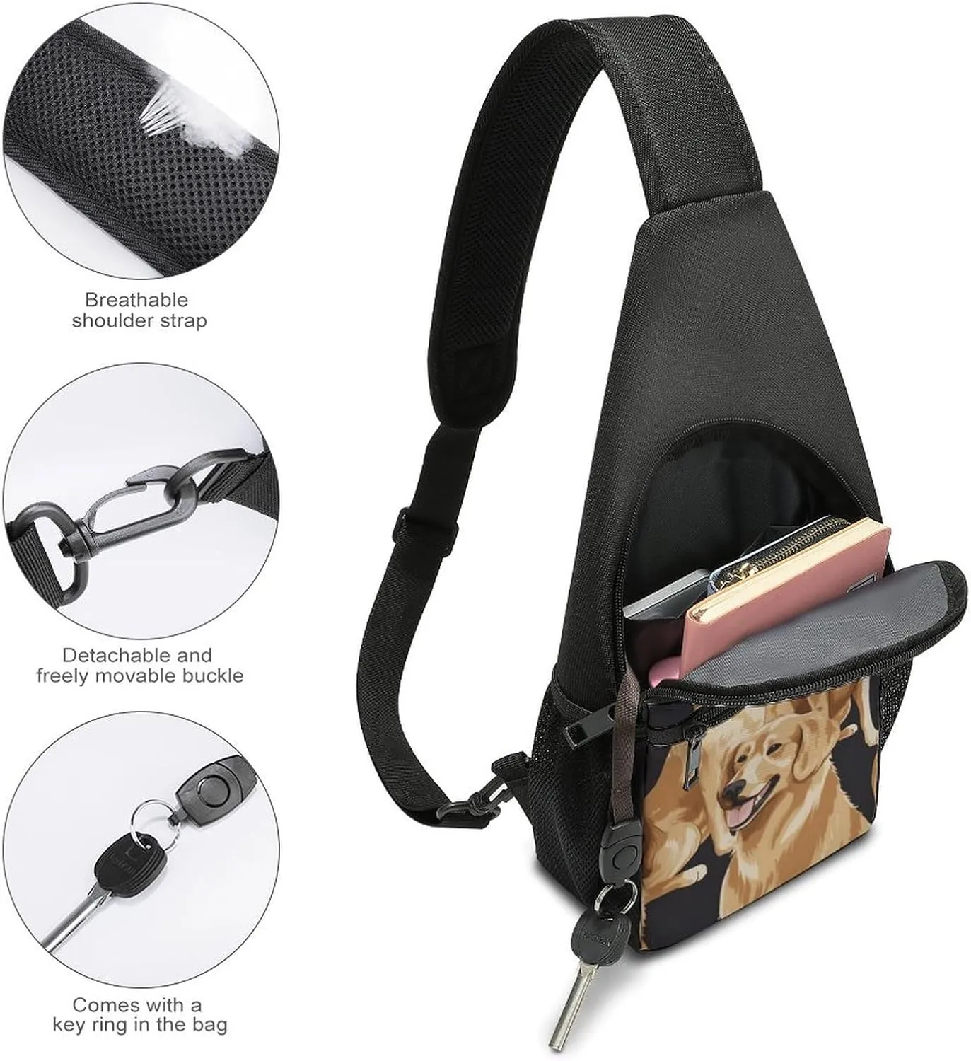 Sling Backpack for Women Men Crossbody Chest Bag Travel Golden Retrievers Daypack Shoulder Bag for Hiking