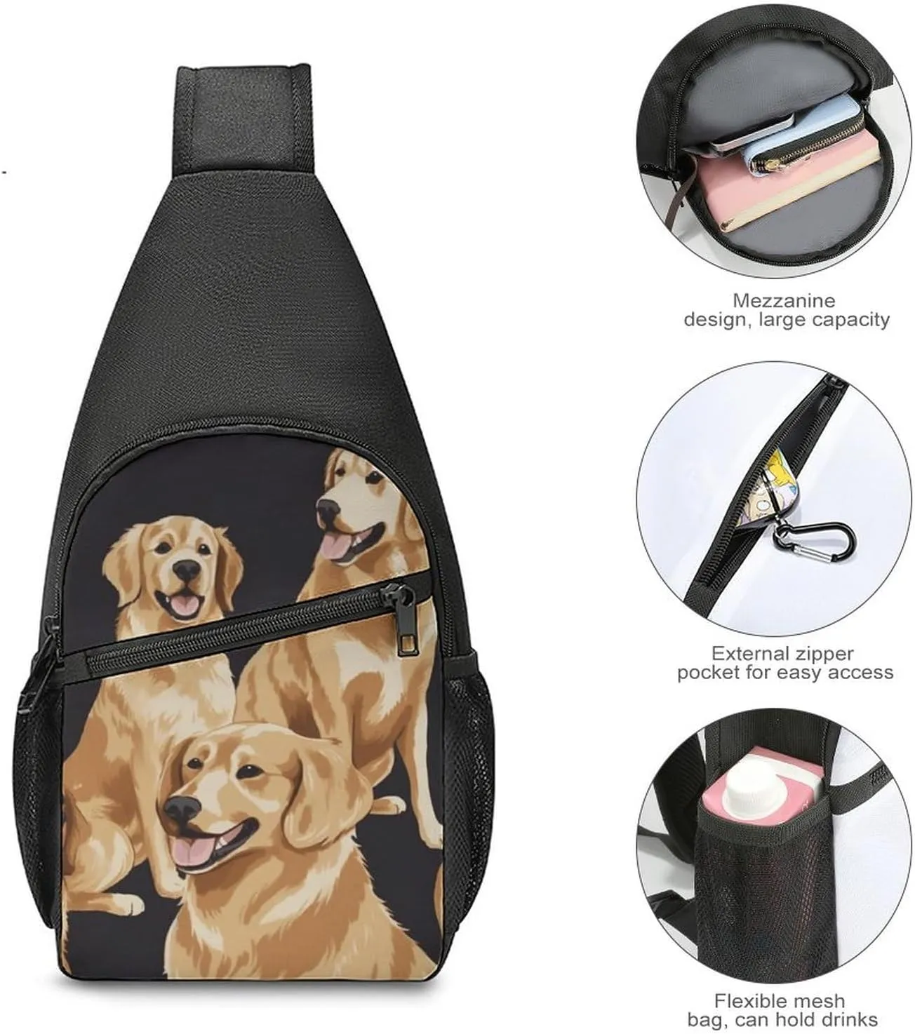 Sling Backpack for Women Men Crossbody Chest Bag Travel Golden Retrievers Daypack Shoulder Bag for Hiking