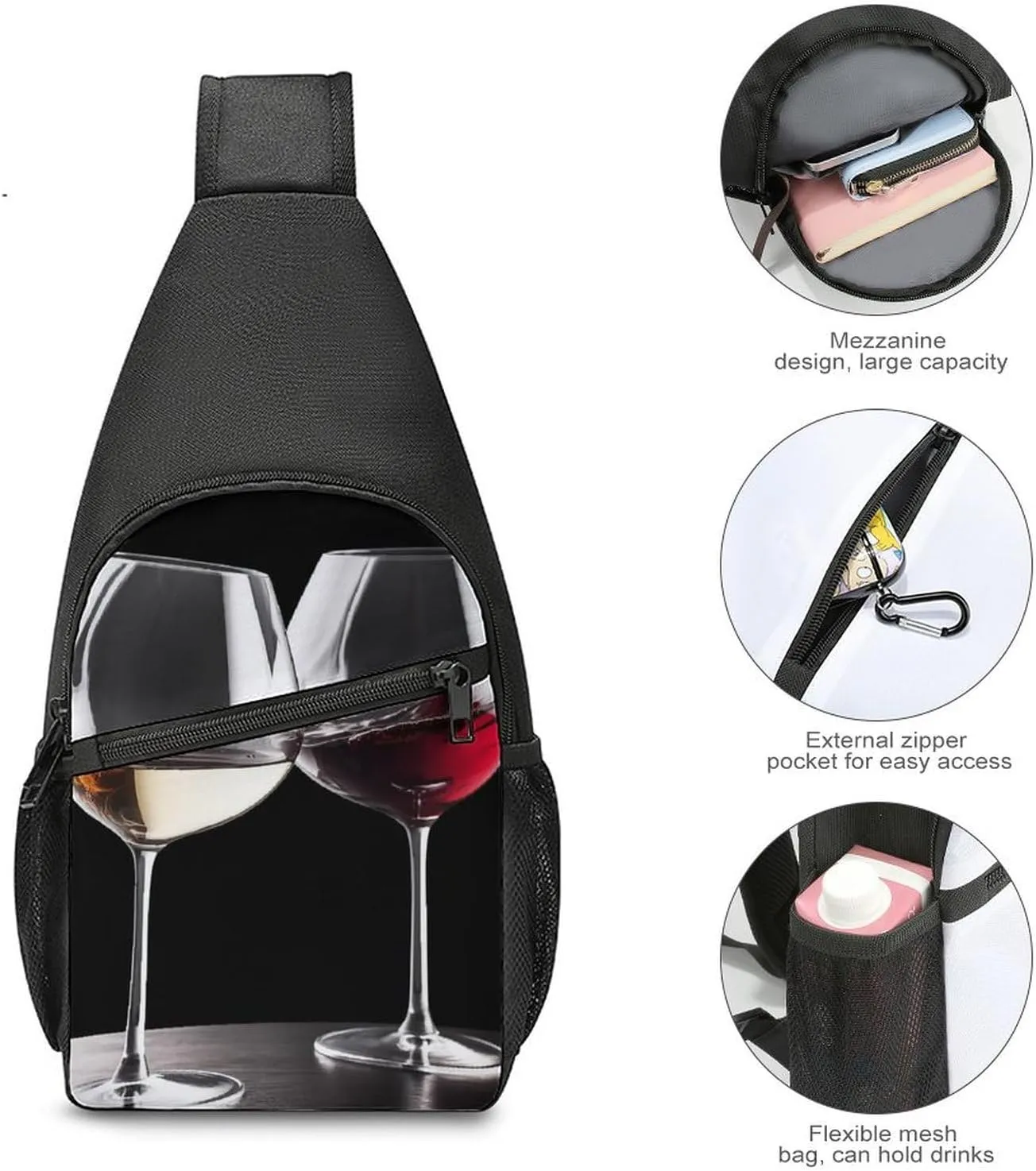 Sling Backpack for Women Men Crossbody Chest Bag Travel Red Wine Glasses Daypack Shoulder Bag for Hiking