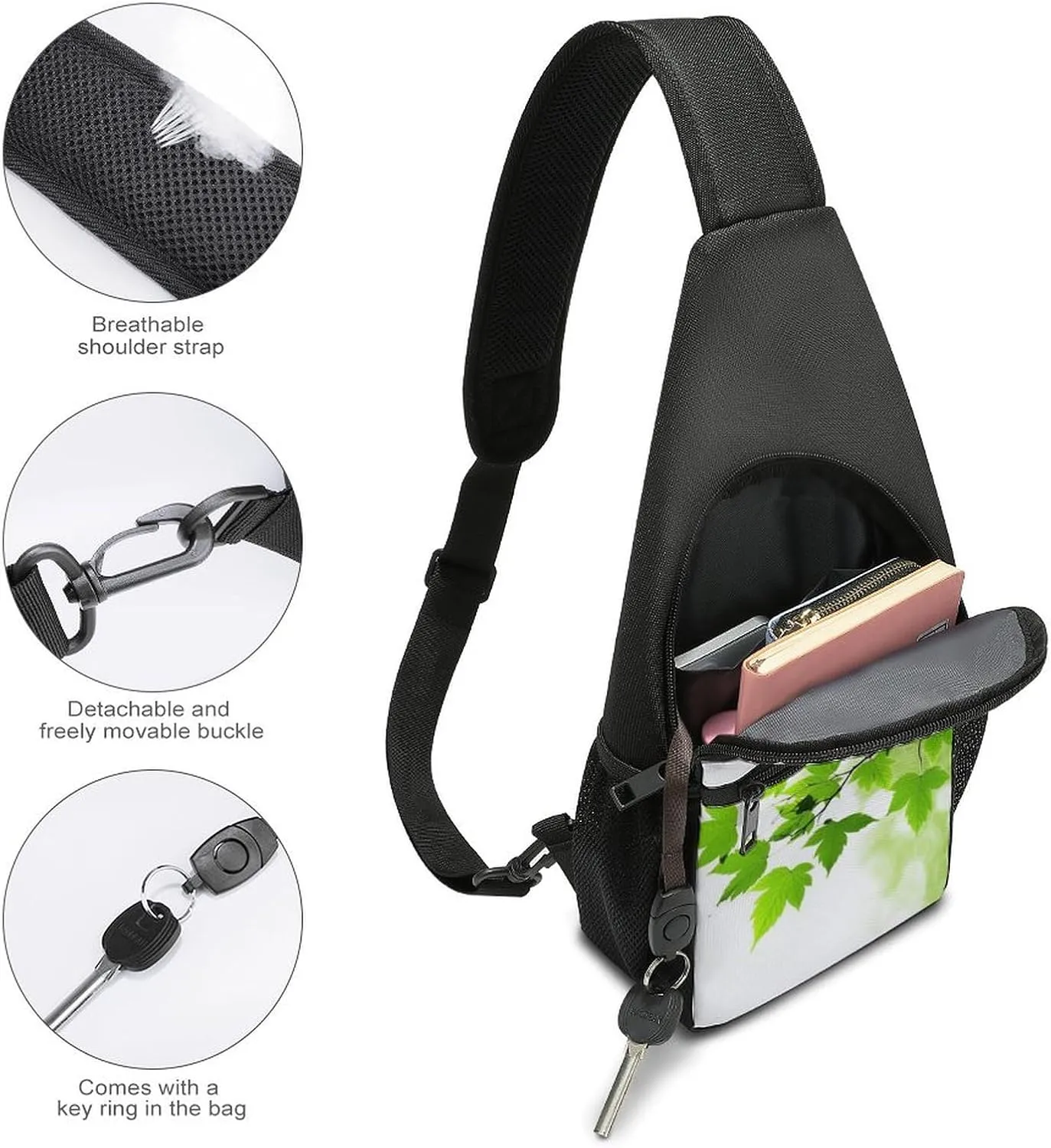 Sling Backpack for Women Men Crossbody Chest Bag Travel Refreshing Leaves Daypack Shoulder Bag for Hiking