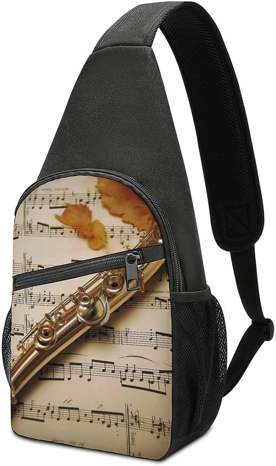 Sling Bag Flute Music Crossbody Bag Sling Backpack Chest Bag Casual Daypack for Travel Hiking